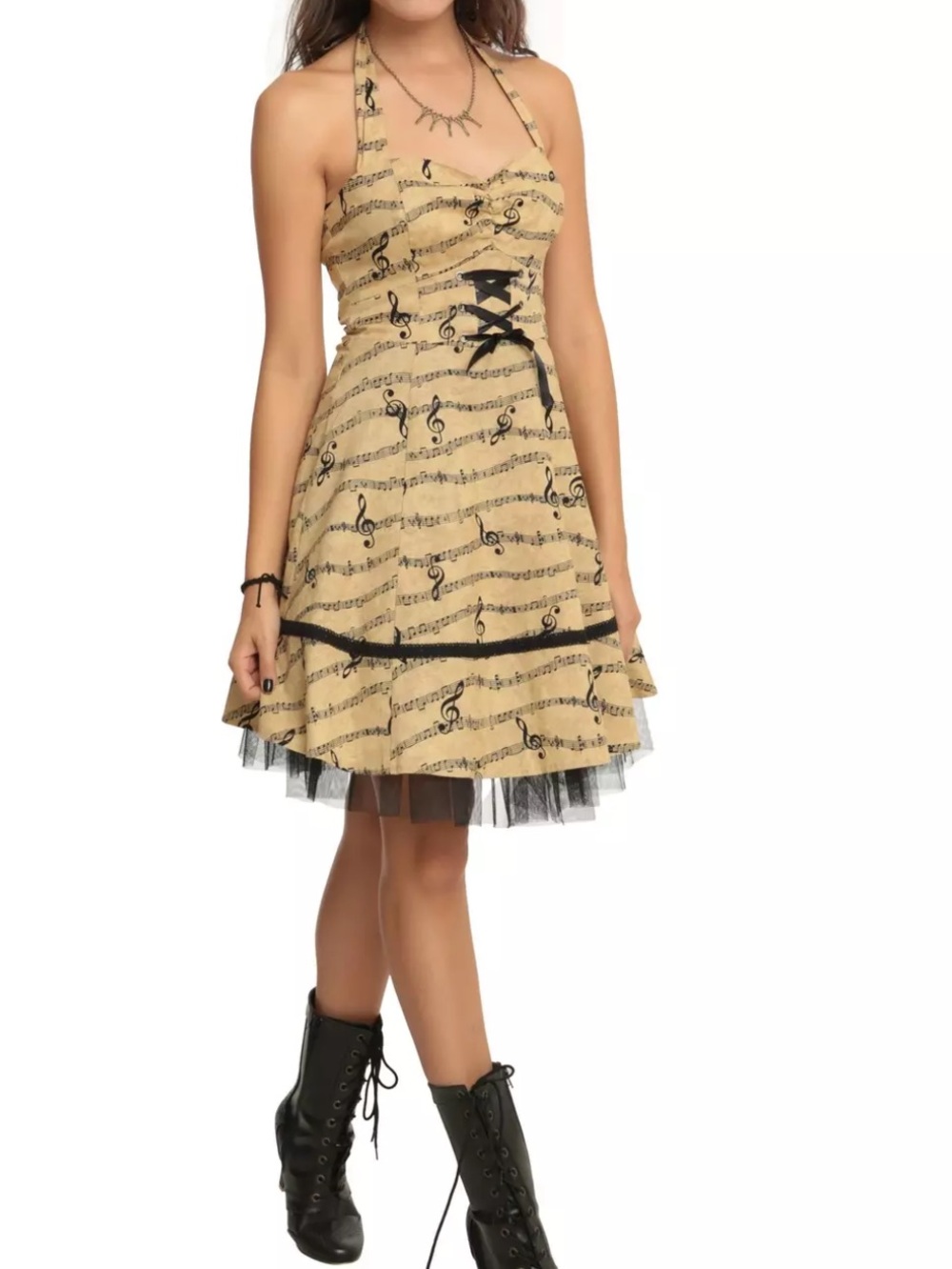 Hot Topic Cream and Black Musical Note Halter Dress